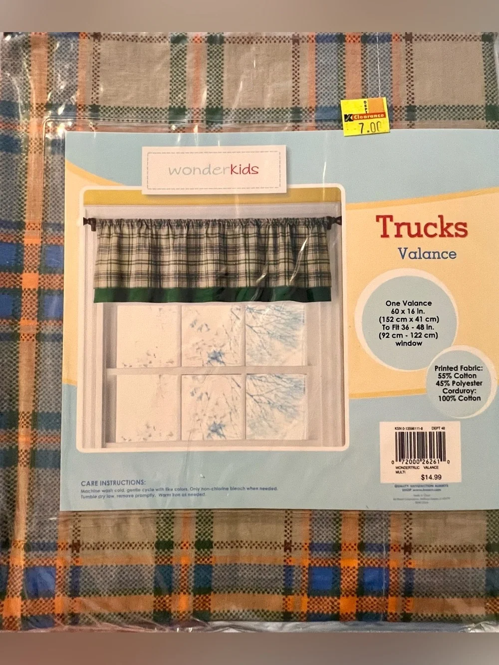 WonderKids Trucks Window Valance Plaid Nursery Curtain NIP